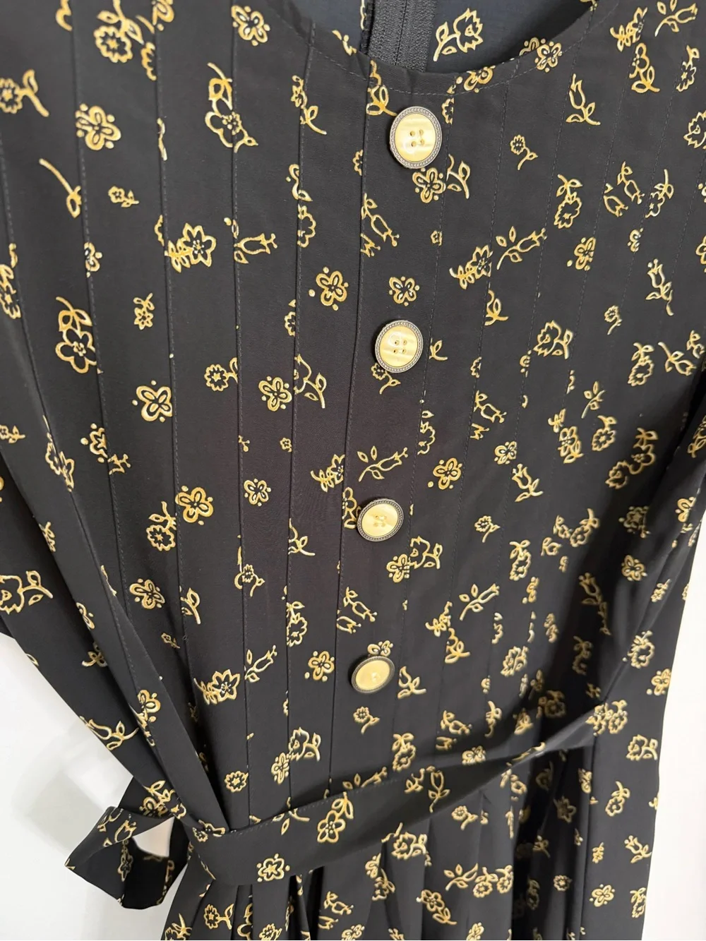 Kathie Lee Collection Black Midi Dress with Gold Floral Print and Waist Tie - Picture 5 of 6
